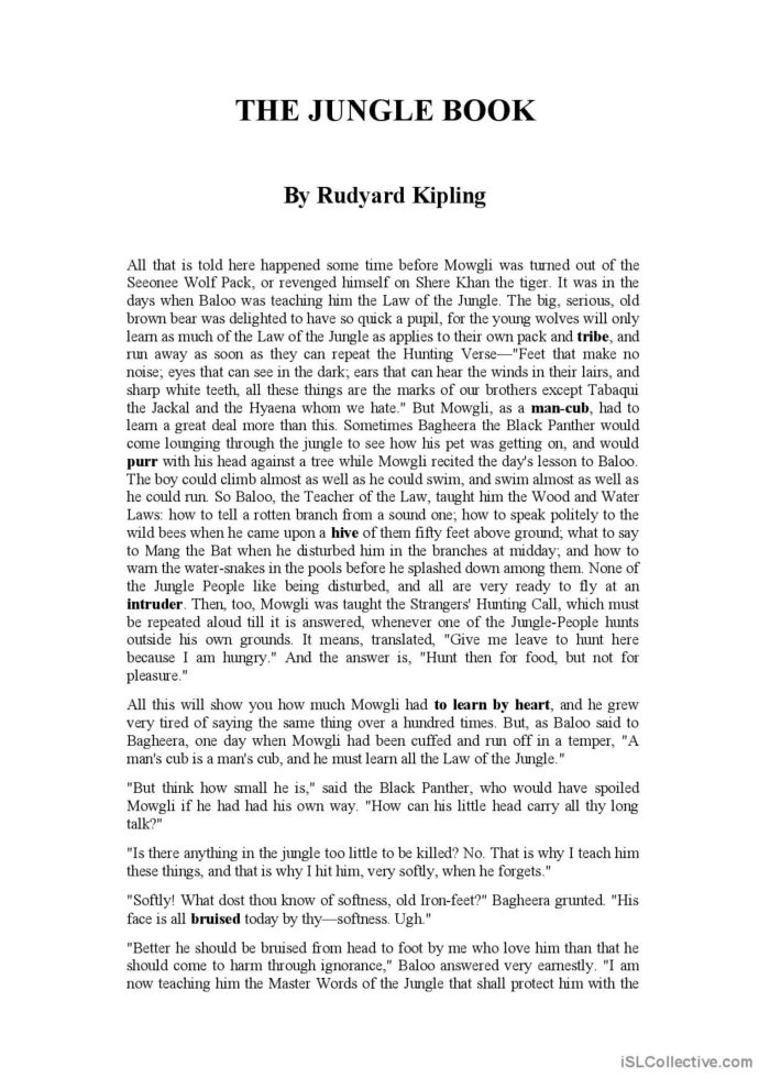 The Jungle Book Reading Fluency Exercise 13 for Fifth Grade Students Fifth grade reading fluency worksheet featuring an excerpt from Rudyard Kipling's The Jungle Book for comprehension practice