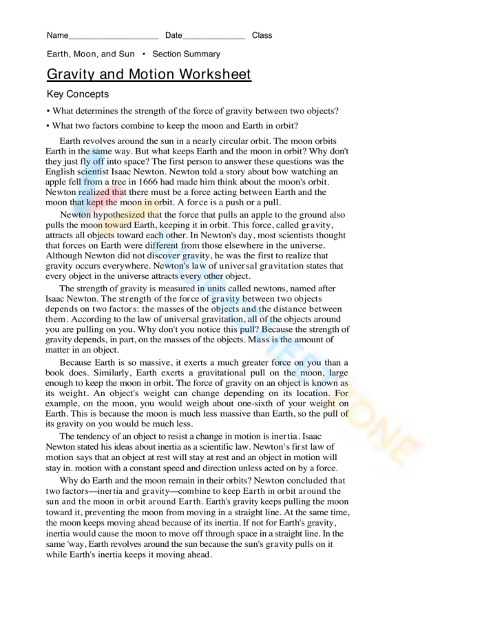Law of Gravity worksheet for fifth graders exploring Newton's Law of Gravitation
