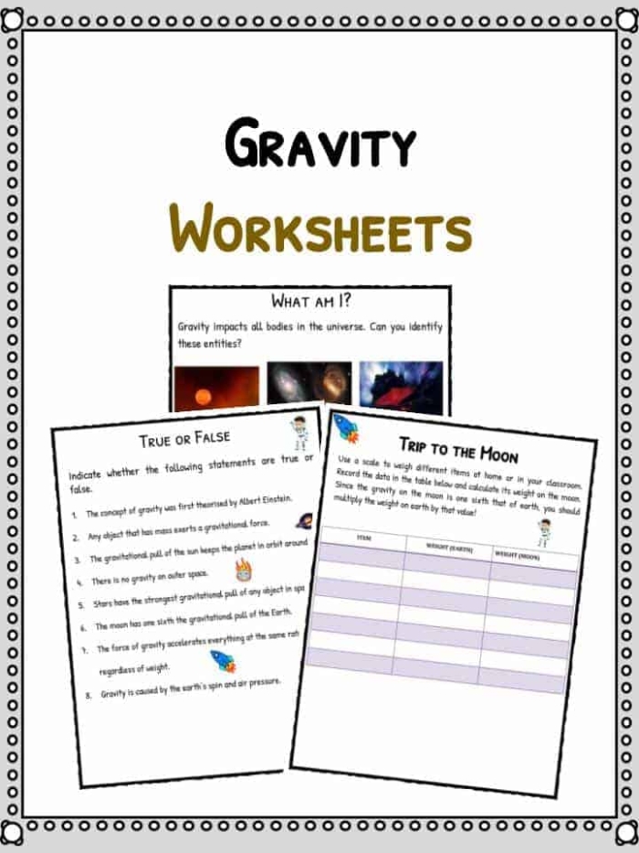 Worksheet exploring the Law of Gravity and its properties for fifth-grade students