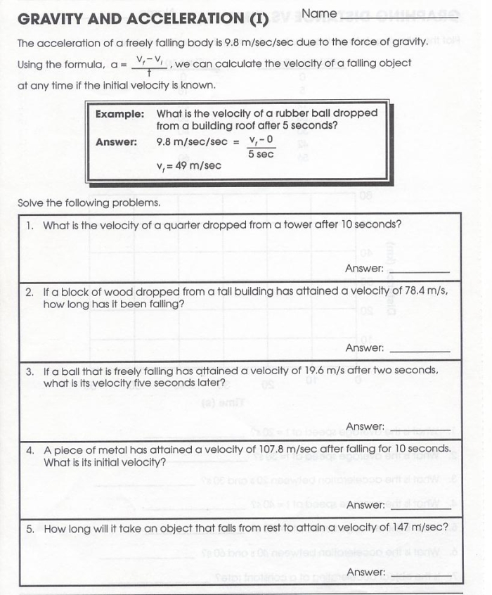 Detailed worksheet on the Law of Gravity for fifth-grade students