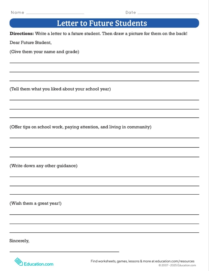 Worksheet for fifth graders: Send a Letter to Your Future Self writing prompt Back-to-school writing prompt worksheet encouraging fifth graders to write a letter to their future selves