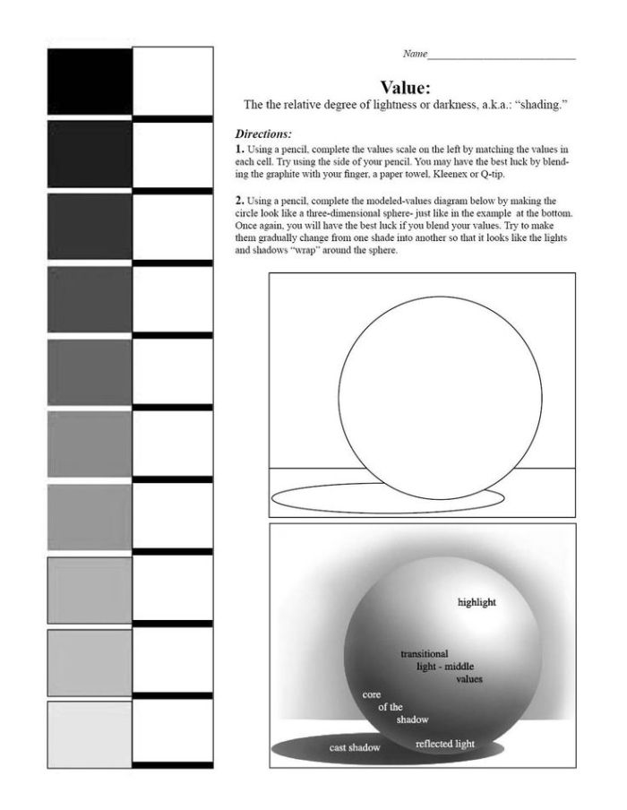 Worksheet demonstrating techniques for drawing light and shadow effects