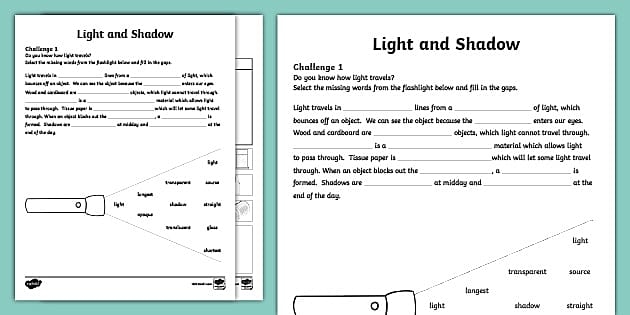 A fifth grade worksheet teaching students how to add light and shadow effects to their drawings
