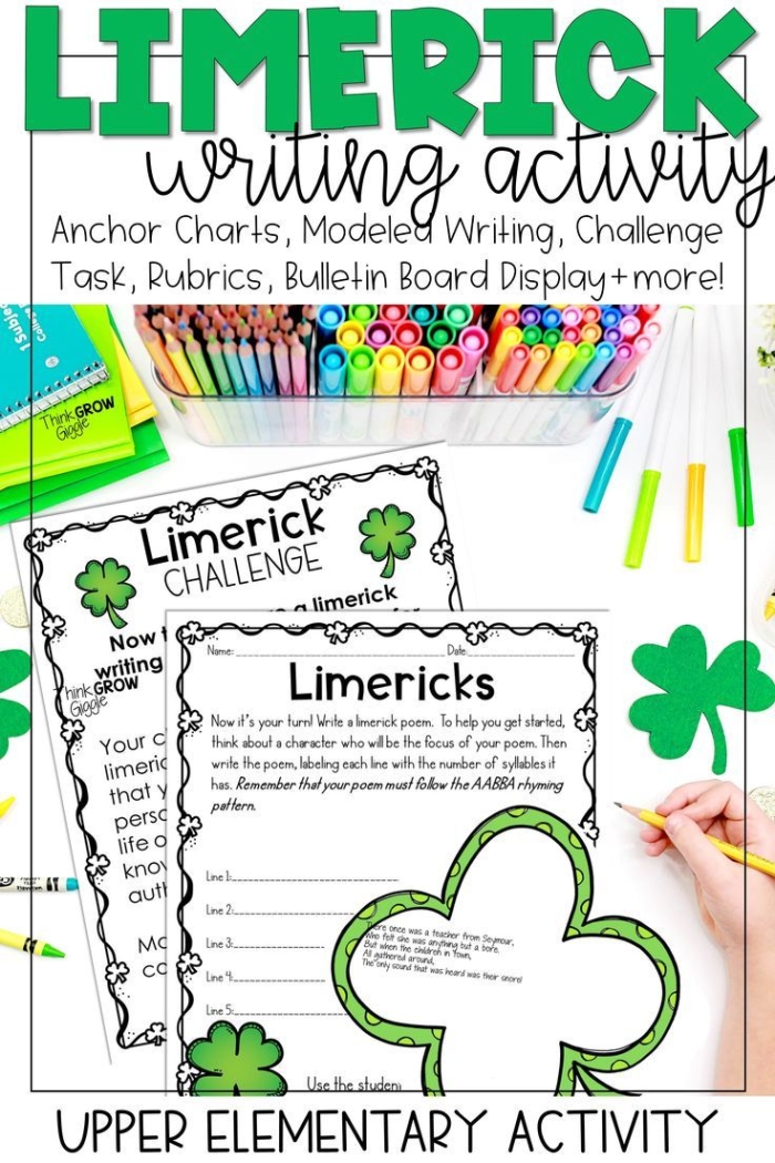 A student writes a St. Patrick's Day limerick on a worksheet while learning the rules of limerick poetry