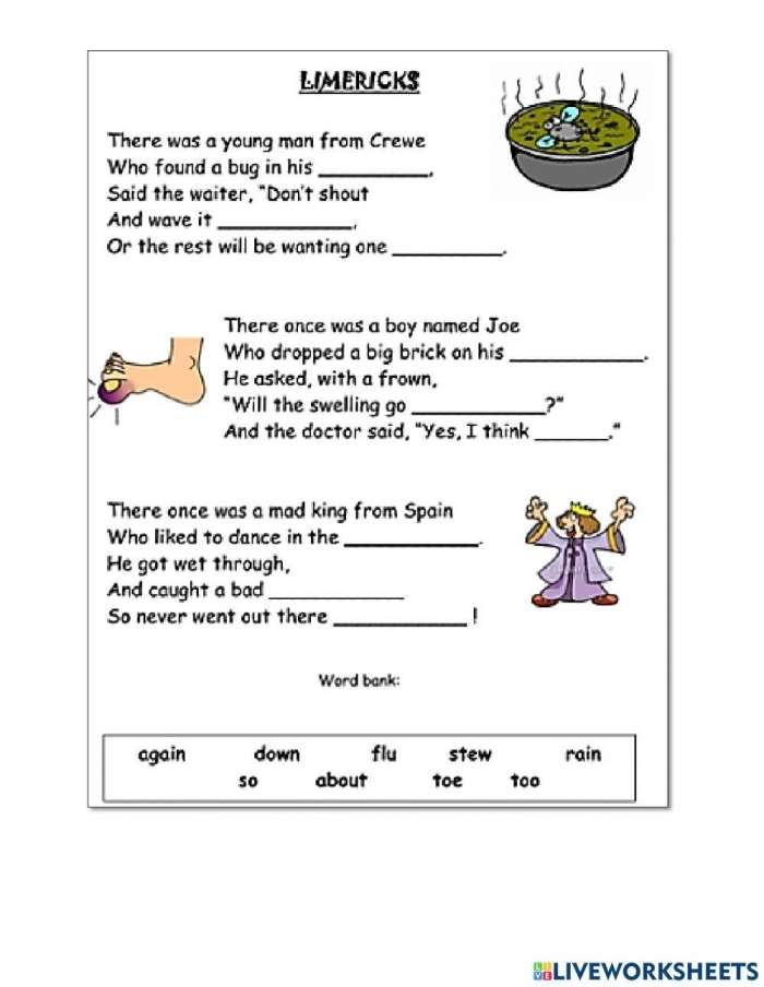 Fifth grade students learning limerick poetry rules with St. Patrick's Day theme worksheet exercise number five