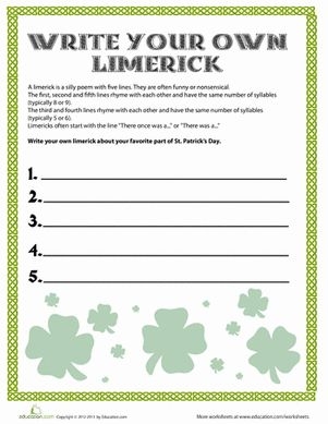 Fifth grade students practice rhyming and rhythm by completing a St. Patricks Day limerick writing worksheet