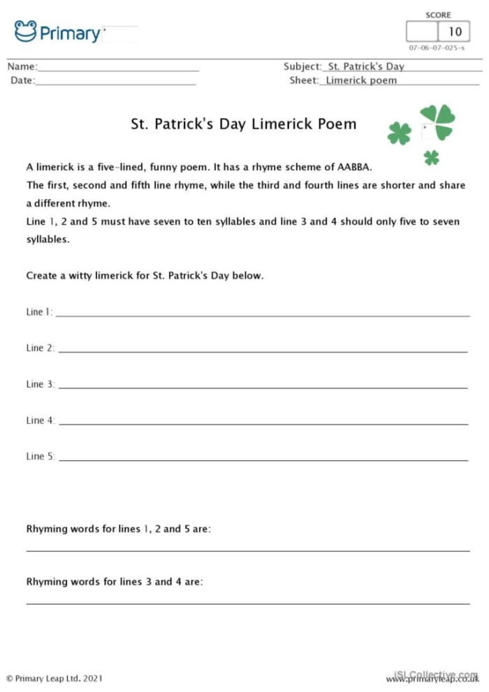 A fifth grade student using a worksheet to write a St. Patrick's Day themed limerick with rhyming couplets