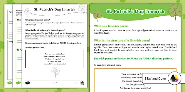 A fifth grade worksheet featuring a guide and writing space for a St. Patrick's Day limerick poem