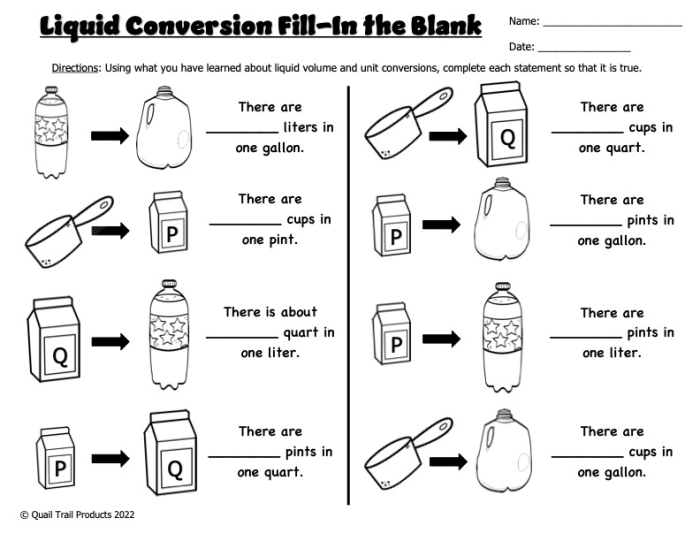 Time and Money worksheet for Fifth Grade Liquid Measure Conversion worksheet for fifth graders, featuring cups, pints, quarts, and gallons. Educational resource for practicing liquid measurements in cooking and math.