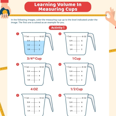Fifth grade student learning liquid measurement conversions with cups, pints, and quarts on a worksheet