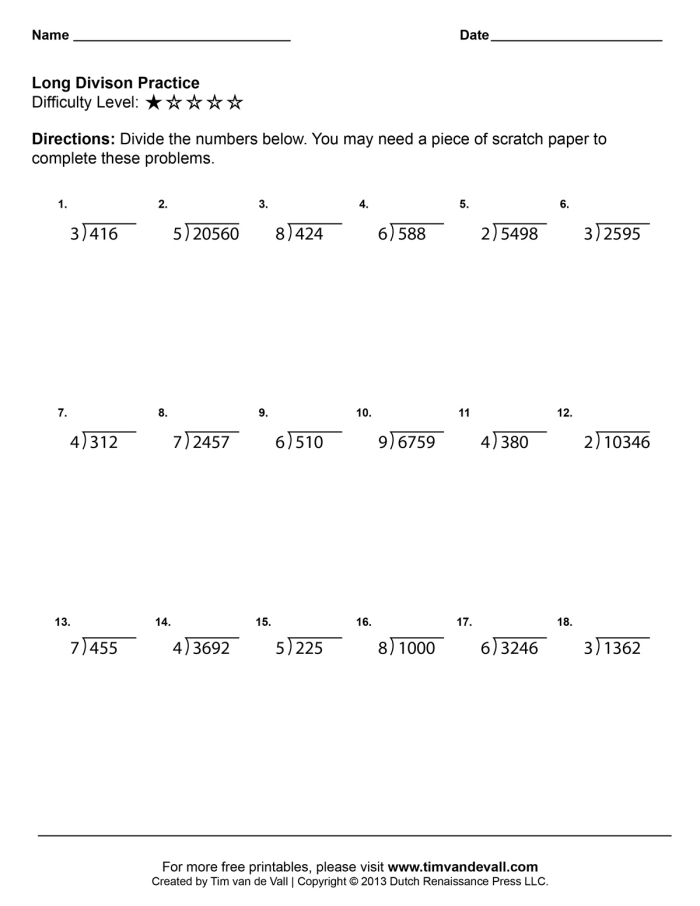 Fifth Grade Long Division Worksheet Seven Colorful long division math practice page for fifth grade students