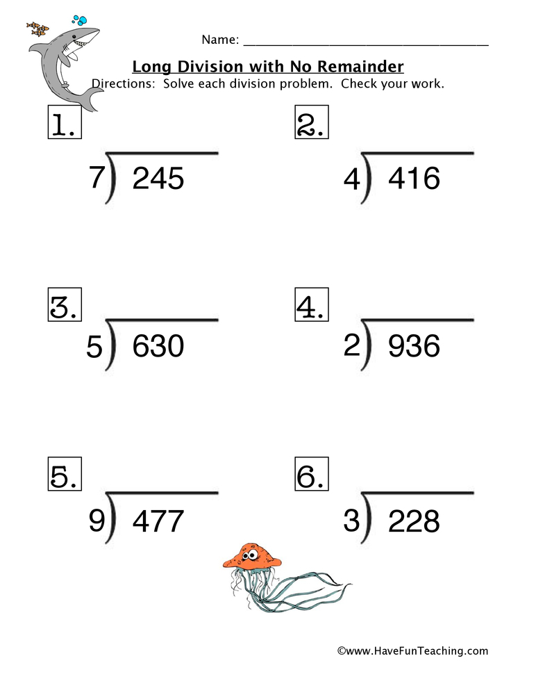 Fifth grade math worksheet featuring multi-digit division practice problems for students