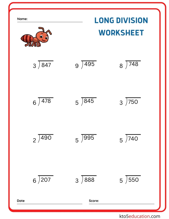 Engaging long division practice sheet for students in fifth grade Colorful long division worksheet designed for fifth graders to enhance their math skills