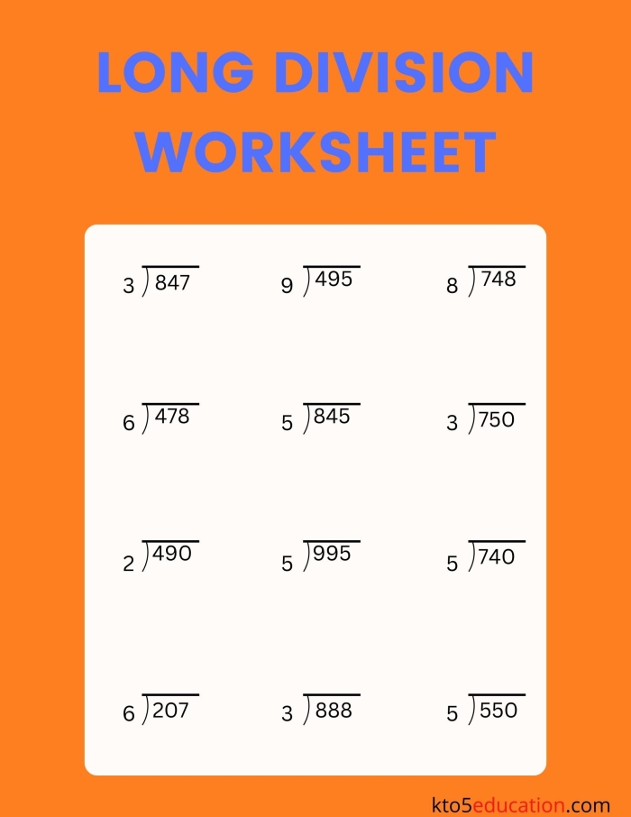 Engaging long division practice sheet for fifth grade students Long division worksheet designed to help fifth graders improve their math skills