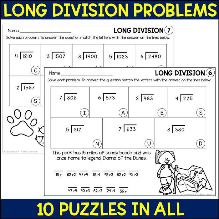 Fifth grade math worksheet featuring long division problems to reveal a Halloween ghost riddle