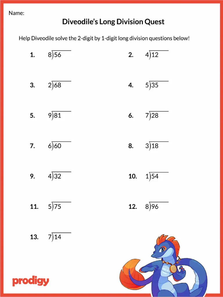 Fifth grade student solving long division practice problems on a colorful printable worksheet