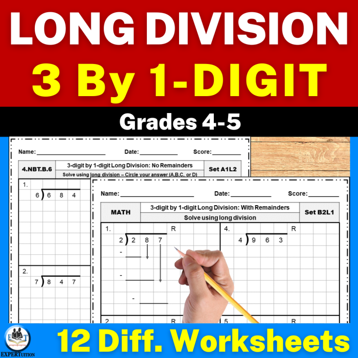 Fifth grade student completing a long division practice worksheet featuring cute illustrations