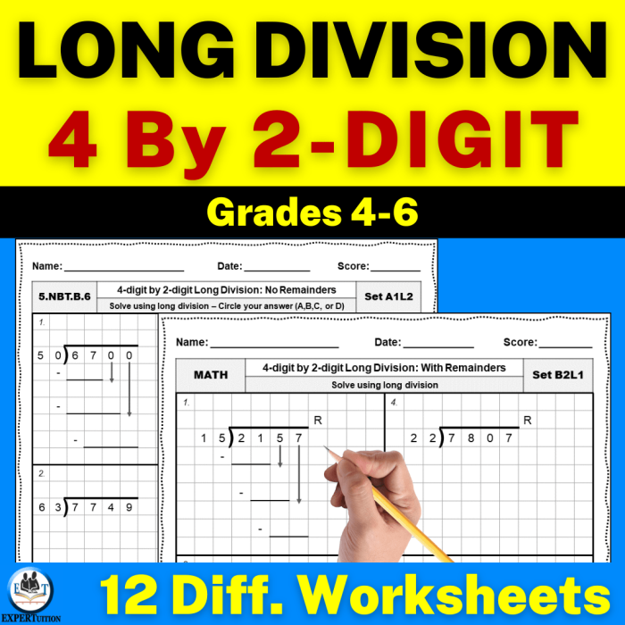 Fifth grade student working through long division problems on a practice worksheet with step-by-step examples