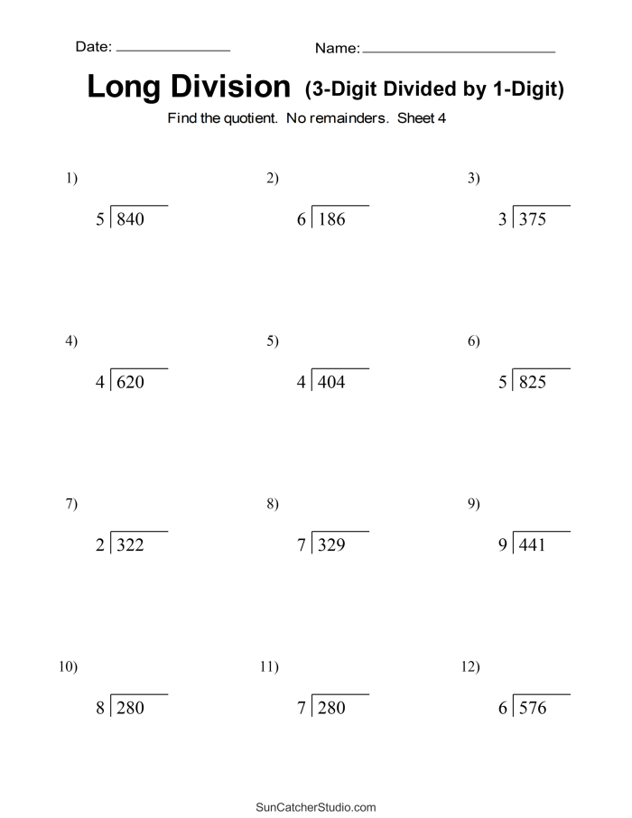 Fifth grade student working through long division problems on a colorful practice worksheet with step-by-step examples