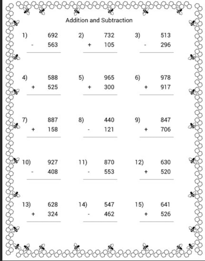 Fifth grade math worksheet featuring long division problems with three and four digit numbers