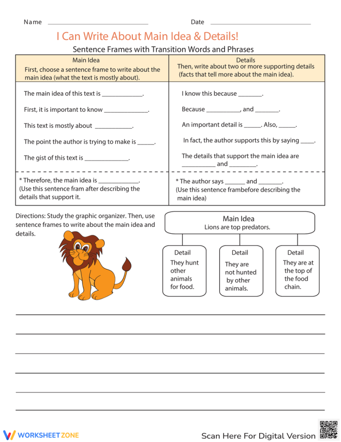 Algebra worksheet for Fifth Grade Worksheet featuring sentence frames for writing main ideas and details in algebra. I Can Write About Main Idea & Details! worksheet for fifth-grade students.