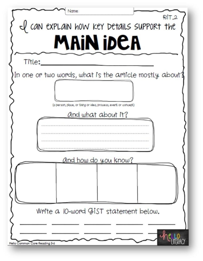 I Can Write About Main Idea & Details! exercise for EL students Fifth-grade worksheet focusing on main idea and details using sentence frames