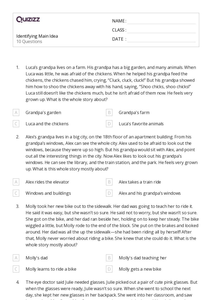 Worksheet for identifying main ideas and details in texts for fifth graders