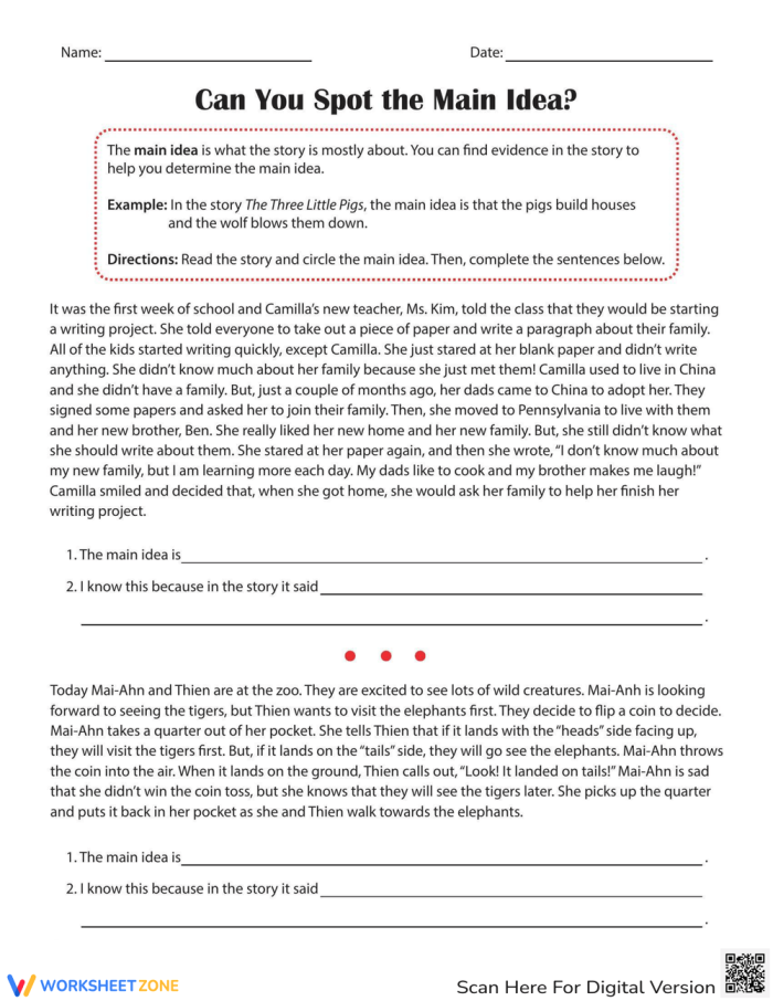 Worksheet showing students identifying the main idea and supporting details in a text. Can You Spot the Main Idea? worksheet for fifth graders.