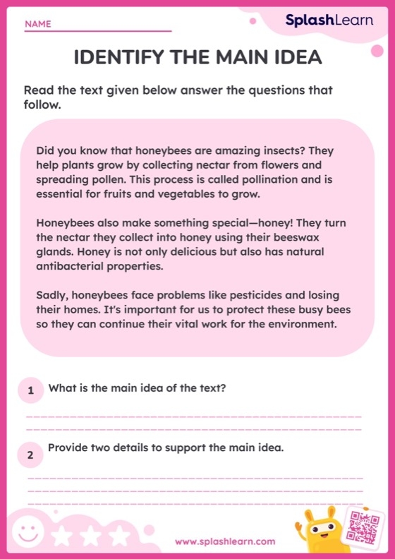 Worksheet illustrating the concept of identifying main ideas and supporting details for fifth-grade students