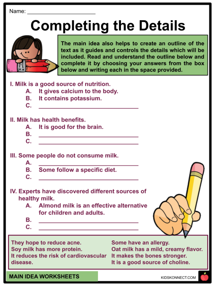A fifth-grade worksheet titled "Can You Spot the Main Idea?" focusing on identifying main ideas and details. Educational resource for enhancing reading comprehension skills in numbers and counting.