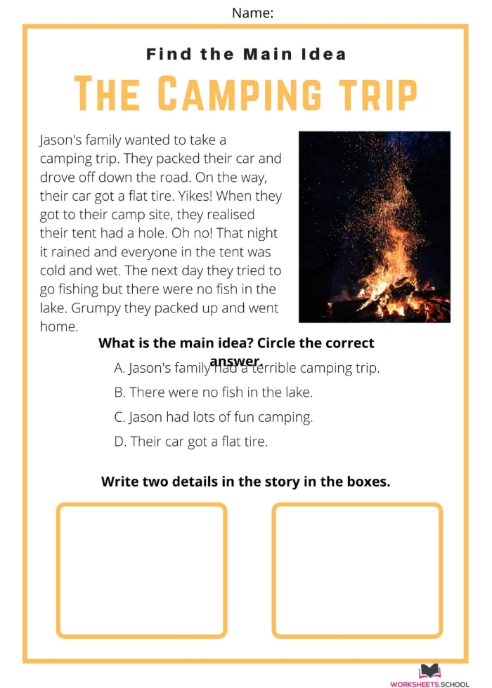 Worksheet for identifying the main idea and supporting details in a text for fifth graders