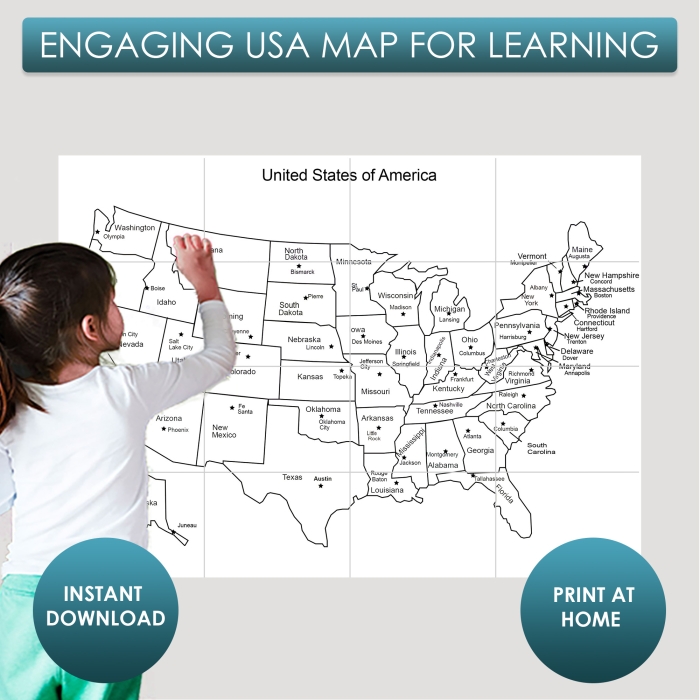 Interactive U.S. Map with Capitals Challenge for 5th Grade U.S. map worksheet featuring capitals for fifth graders to fill in