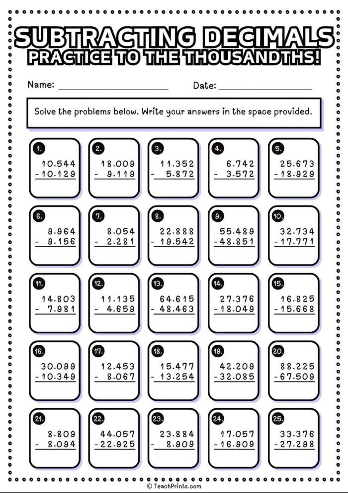 Fifth grade student completing a math worksheet on subtracting decimals