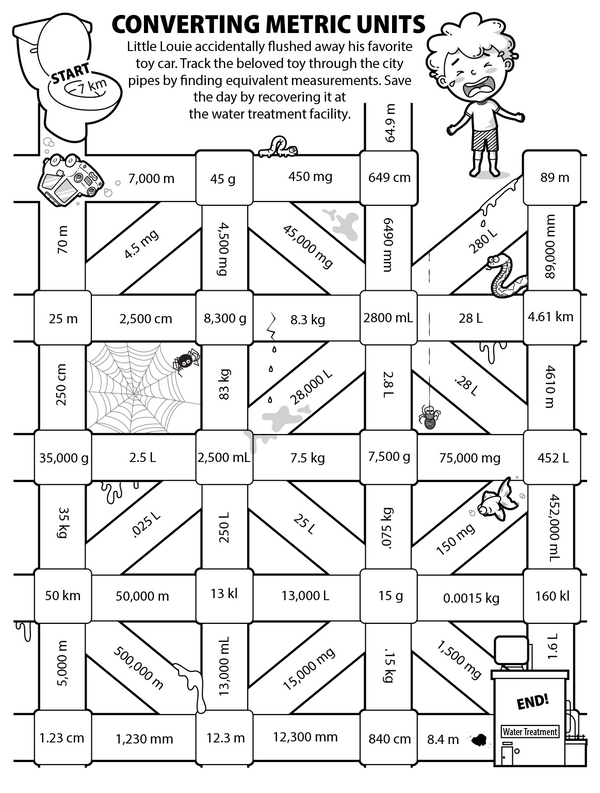 Fifth grade math worksheet featuring a maze focused on converting metric units of measurement