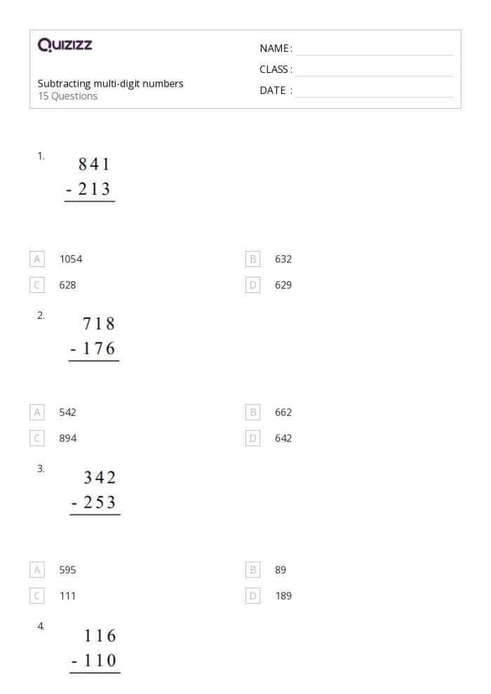 Fifth grade math worksheet for practicing multi-digit multiplication equations
