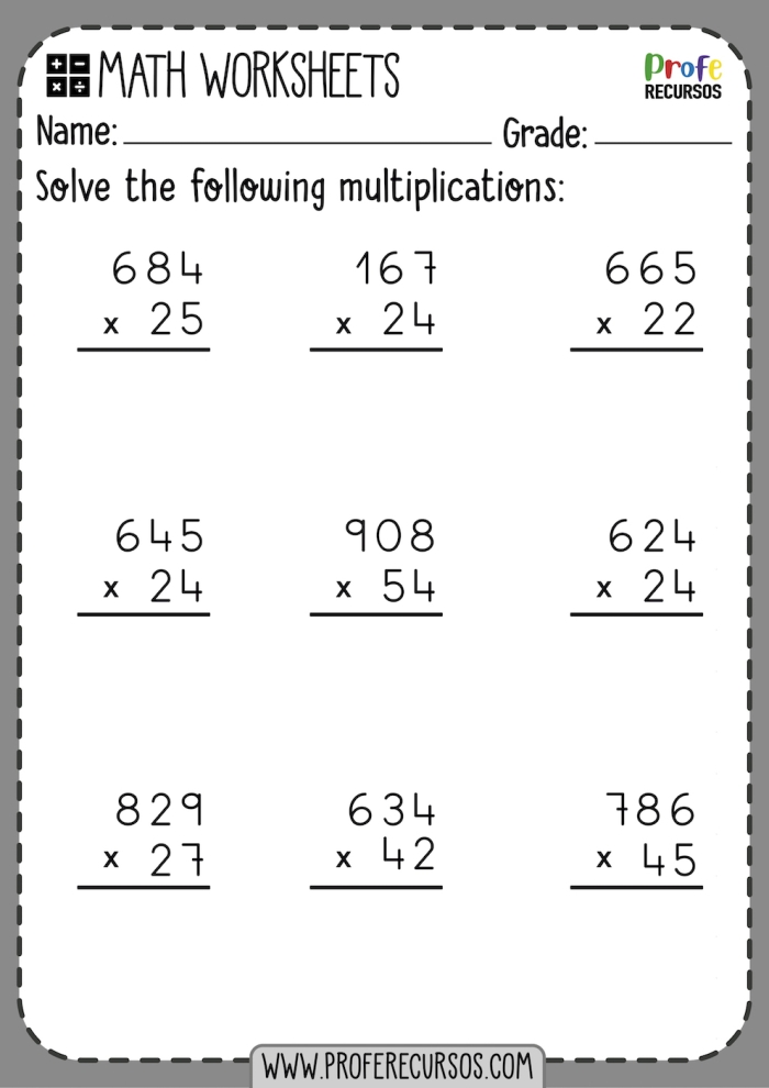 Fifth grade math worksheet featuring several three-digit by two-digit multiplication problems for students to solve