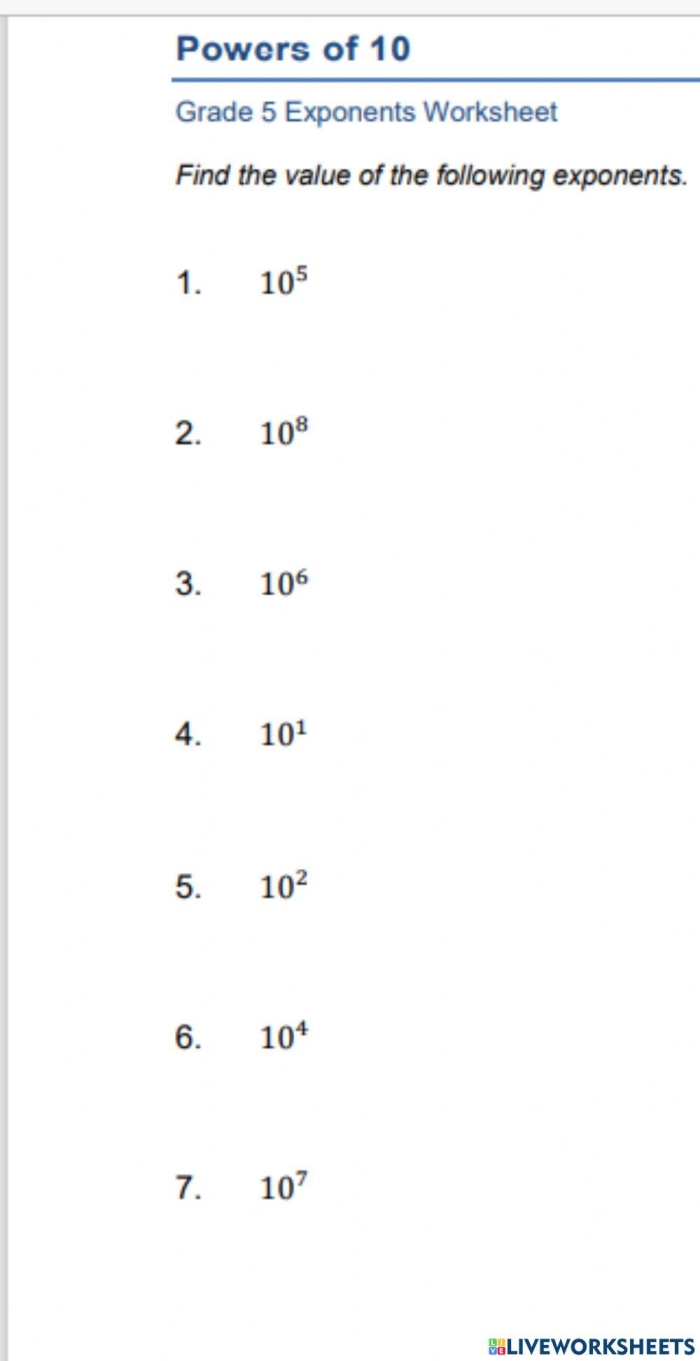 Fifth grade math worksheet focused on multiplying and dividing numbers by the powers of ten