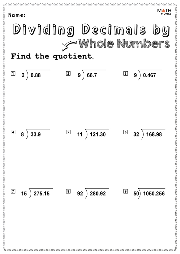 Worksheet featuring multi-digit division problems for fifth graders