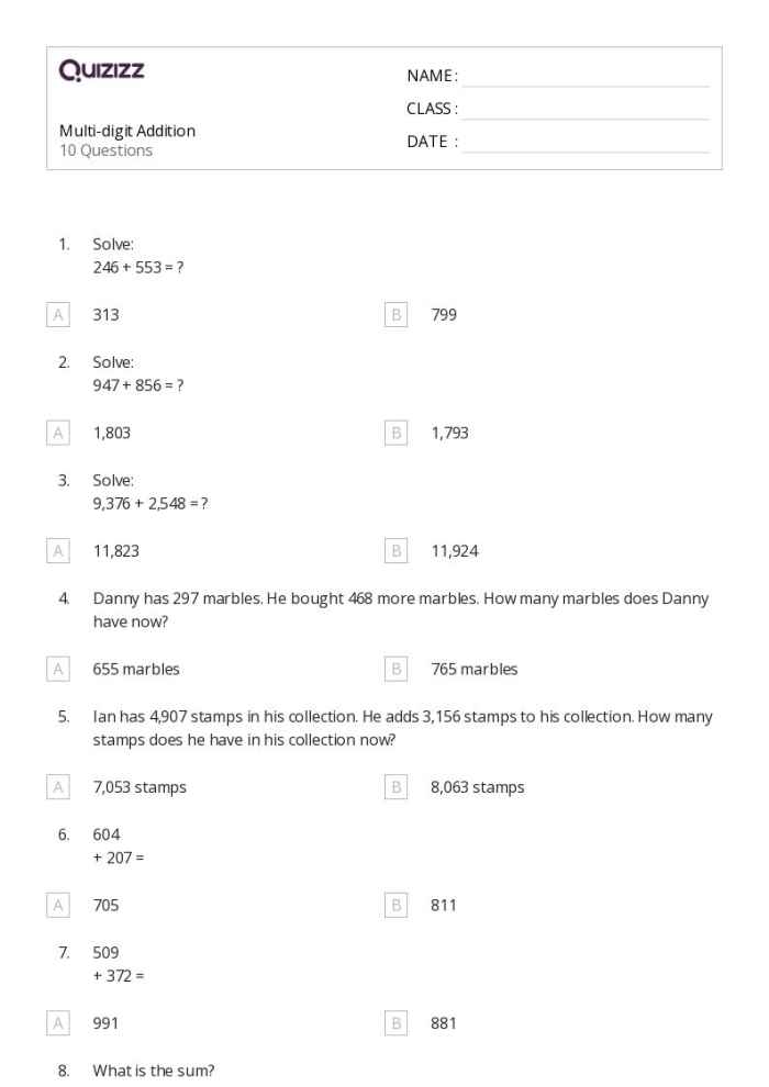 Fifth grade student practicing three and four digit division problems on a math review worksheet
