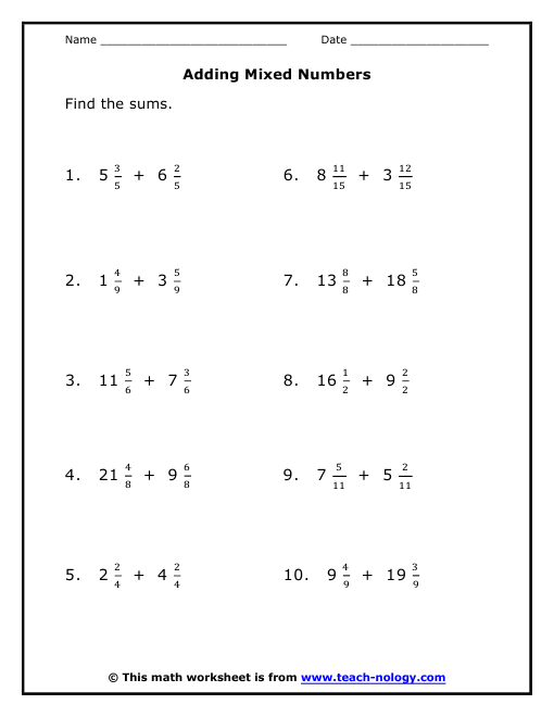 Fifth grade math worksheet for adding mixed fractions with unlike denominators exercise ten