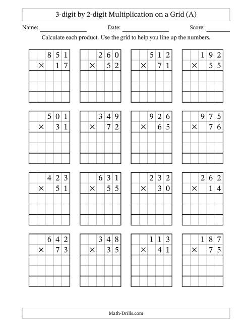Fifth grade math worksheet featuring 3-digit by 2-digit multiplication problems