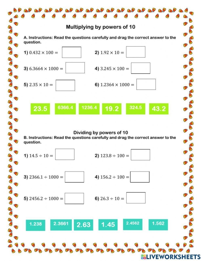 Worksheet for students to practice multiplying and dividing by powers of 10, including decimals and exponents. Educational resource for fifth graders to enhance their math skills.
