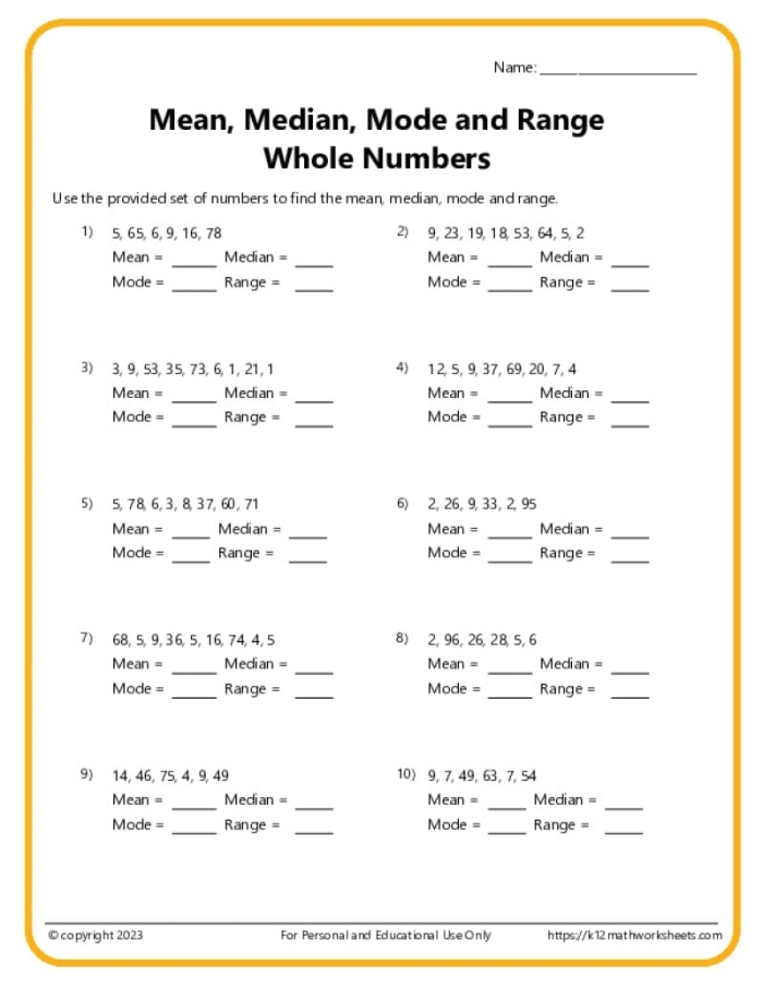 Educational resource for mastering averages: Mean, Median, and Mode worksheet Worksheet for fifth graders on calculating mean, median, and mode averages