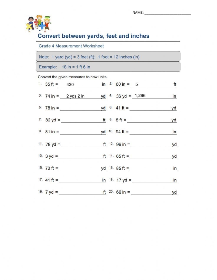 Fifth grade math worksheet showing a conversion table for yards, feet, and inches with measurement word problems to solve