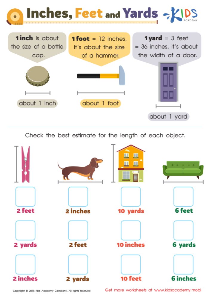 Fifth grade measurement worksheet featuring a conversion table for yards feet and inches followed by word problems