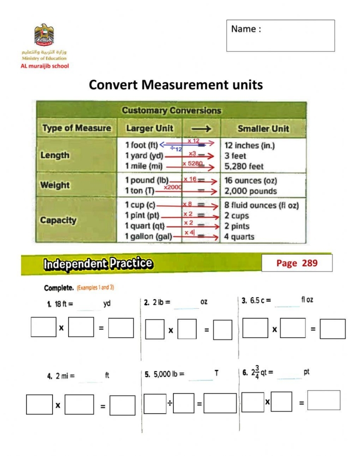 Worksheet for converting units of measurement in geometry for fifth graders