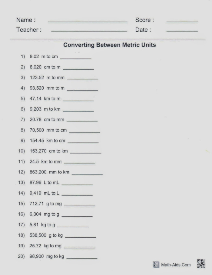 Fifth grade students using a deconstruction method to practice converting metric measurement units on worksheet number seventeen