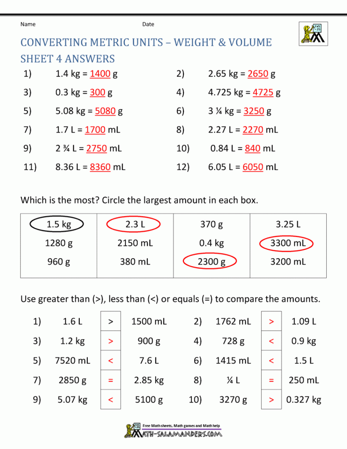 Unit Conversion Practice worksheet for fifth graders featuring a metric conversion table