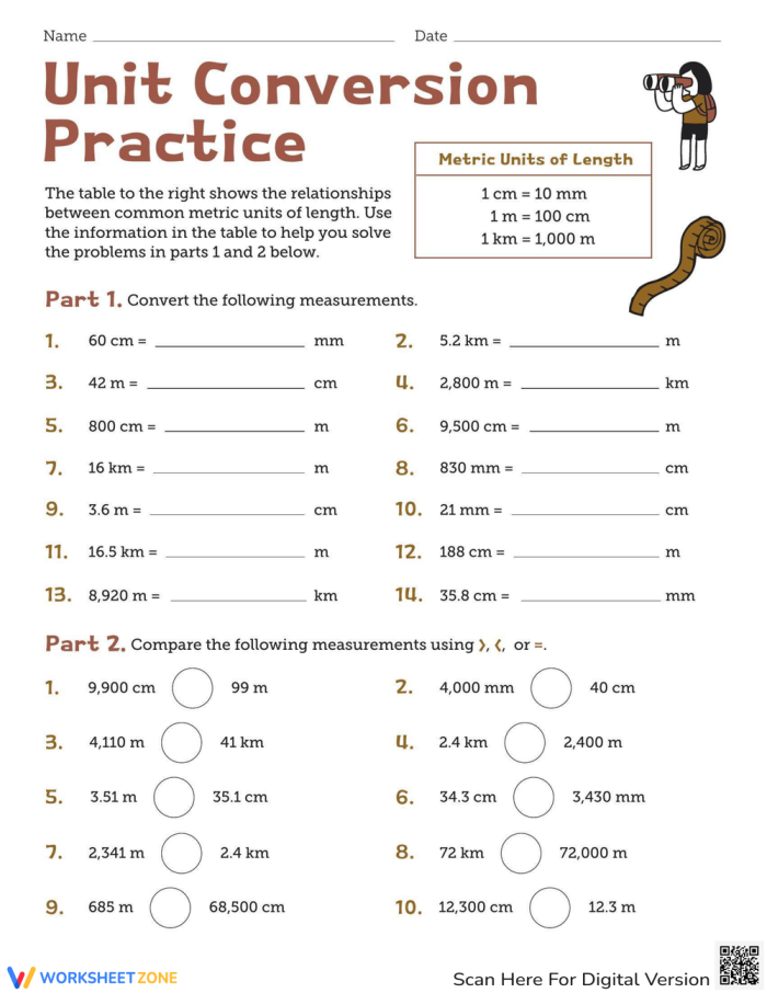 Fifth grade math worksheet featuring a table for practicing metric length unit conversions