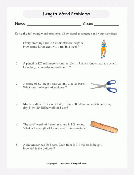 Fifth grade students practicing metric length unit conversions in a math word problem worksheet